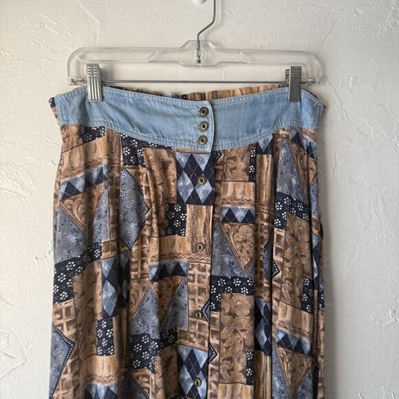 Vintage Capacity Skirt Western Cottage Large Patchwork Print Button Maxi 90s - Picture 2 of 8
